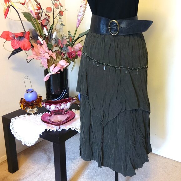 NWT Women Olive Green 2-Layers of Tiered Lined Skirt Elastic High Waist Skirt 14 - Picture 5 of 11